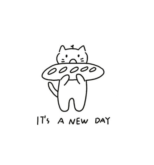 UFO Cat — It’s a New Day temporary tattoo with cat and UFO and the words “IT’S A NEW DAY”