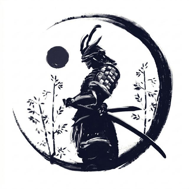 The artwork features a samurai in ink circle.