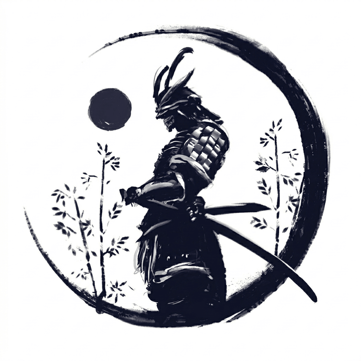 The artwork features a samurai in ink circle.