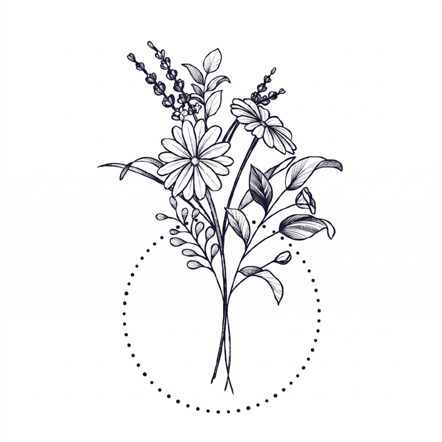 The artwork features a wildflower bouquet in dotted circle.