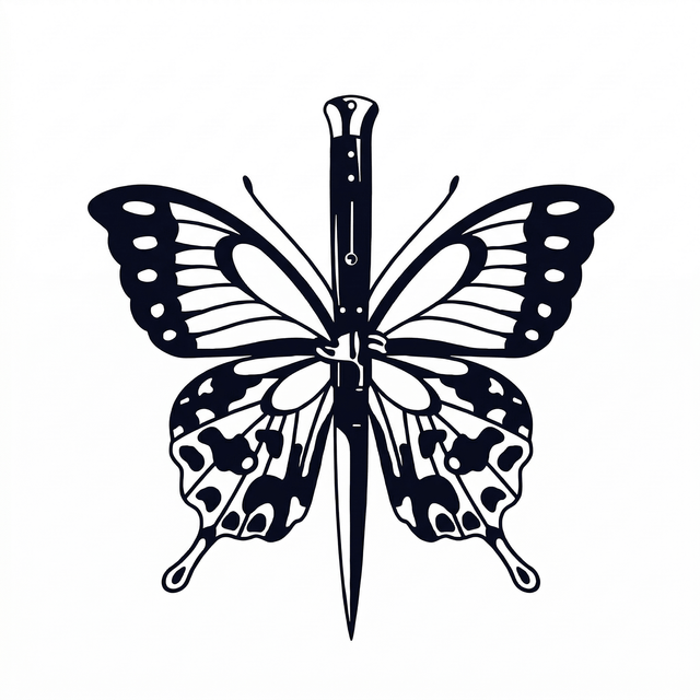 The artwork features a dagger through butterfly.