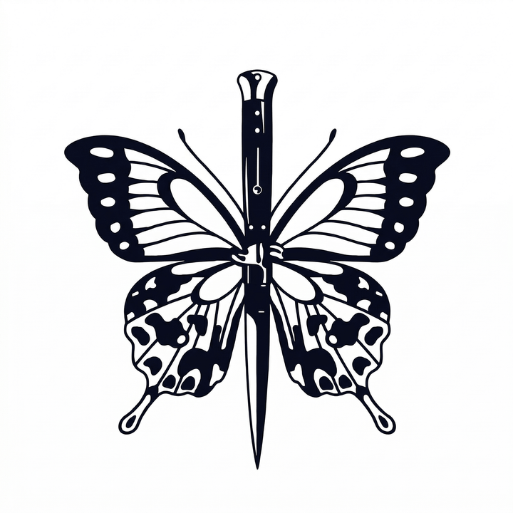 The artwork features a dagger through butterfly.