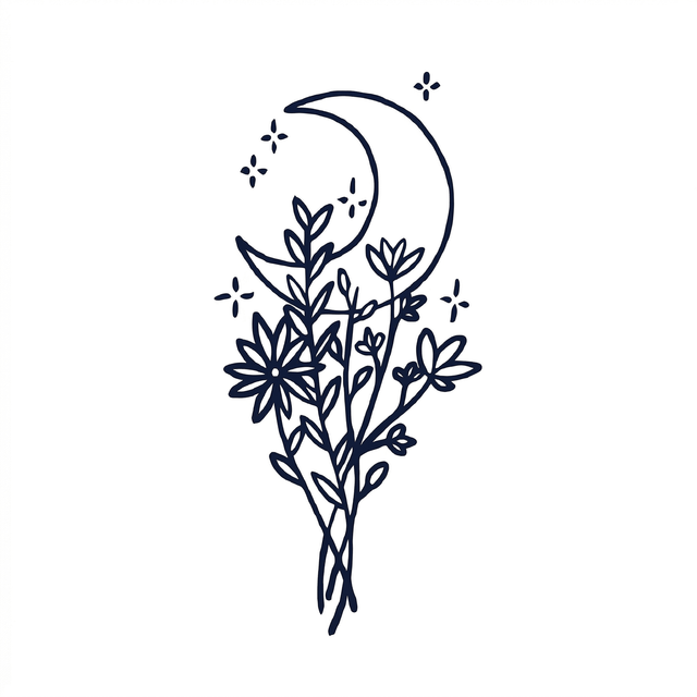 The artwork features wildflowers with crescent moon.