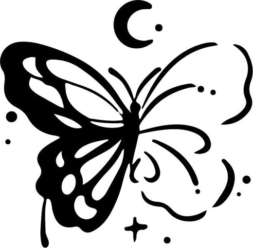 bold ink illustration temporary tattoo featuring butterfly and crescent moon
