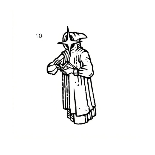A robed demon figure has a long pointed face partly covered by a large four-point star, with both hands holding a narrow object at the chest; it is not described as a doctor.