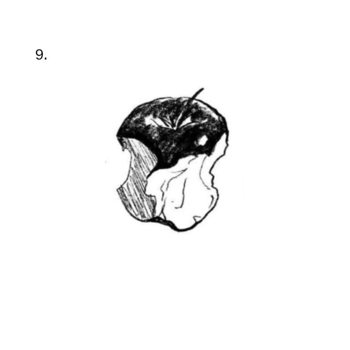 A heavily bitten apple retains its stem and top leaf, rendered in rough black-and-white sketch shading.