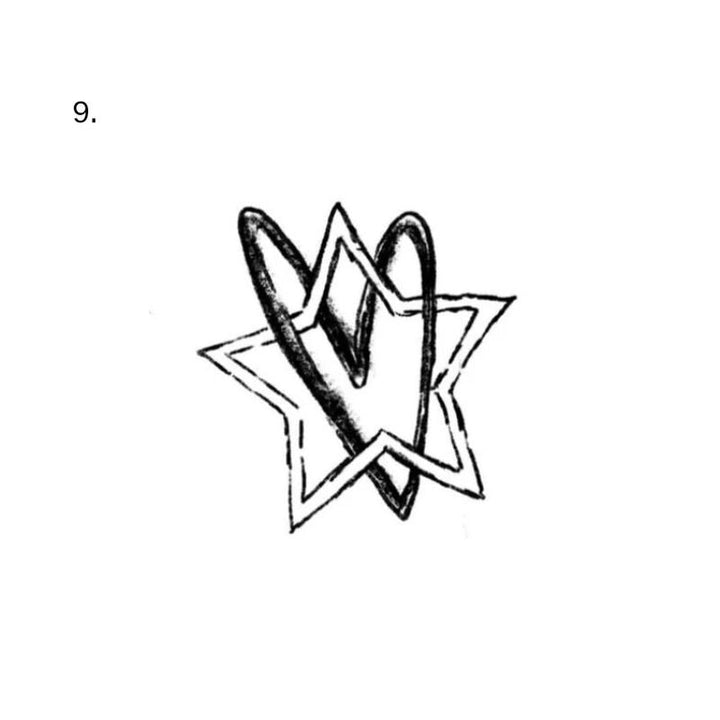 A rough black scribbled heart overlaps a double-outline five-point star; the scribbled form is not a butterfly.
