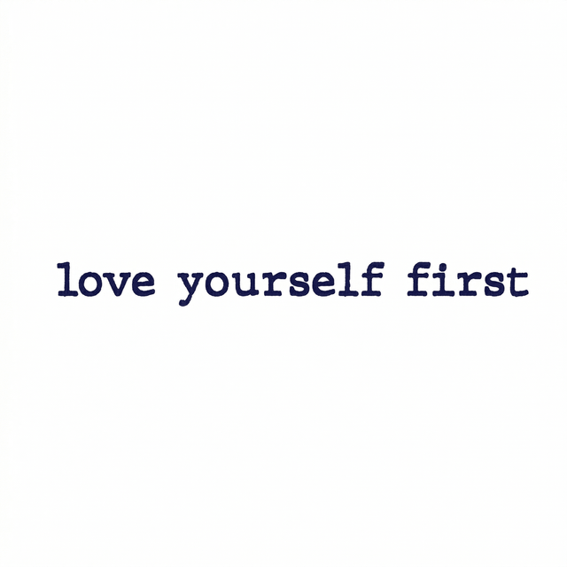 The lowercase phrase “love yourself first” is set in a bold typewriter-style serif face.