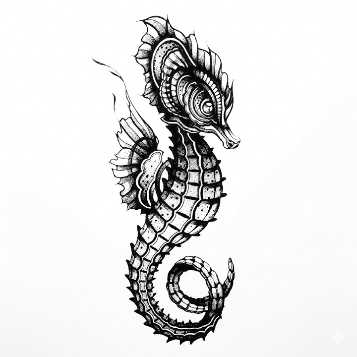 The artwork features an ornate seahorse.