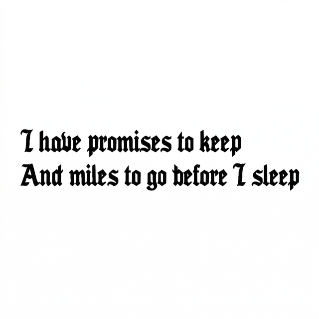 The artwork presents the visible text “I have promises to keep / And miles to go before I sleep” as a lettering composition.