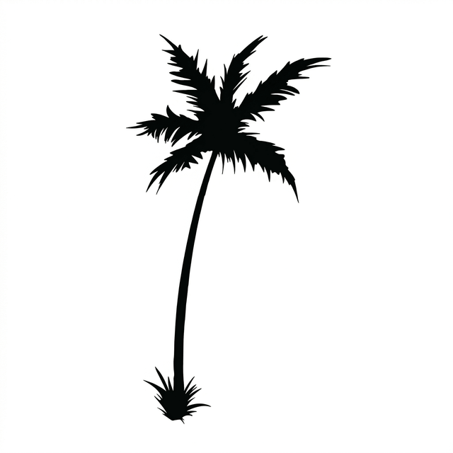 The artwork features a curved-trunk palm tree silhouette.