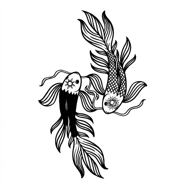 The artwork features two flowing-fin koi fish.