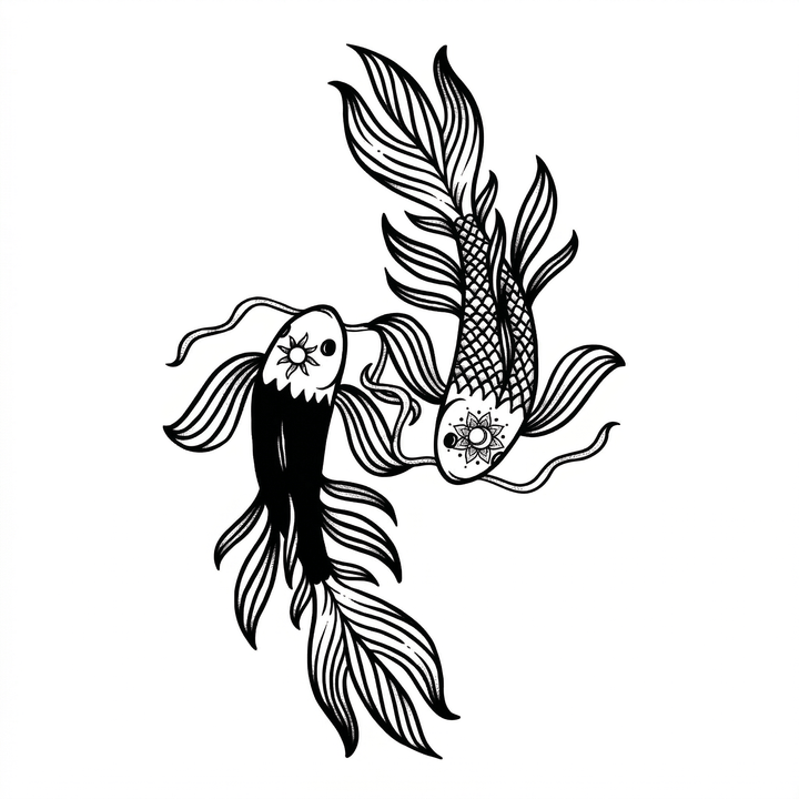 The artwork features two flowing-fin koi fish.