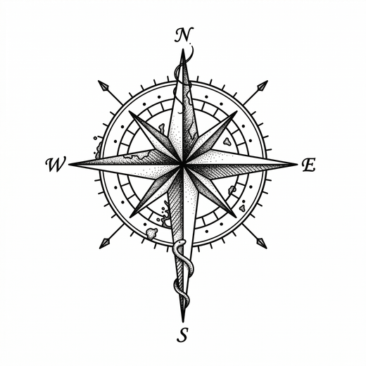 The artwork features a snake-wrapped compass.