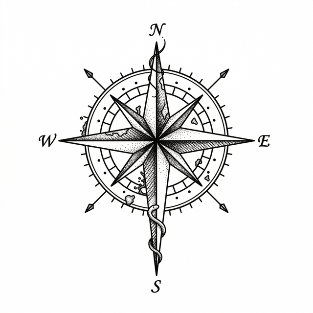 The artwork features a snake-wrapped compass.
