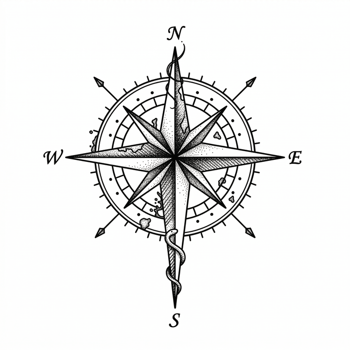 The artwork features a snake-wrapped compass.