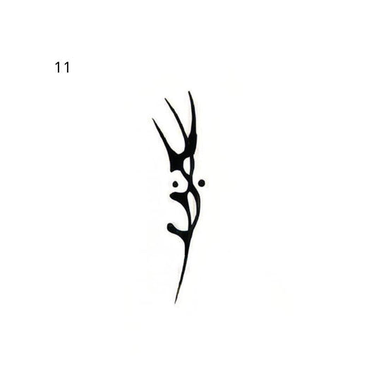 A slender black abstract tribal glyph combines curved pointed forms, cutouts and two round dots.