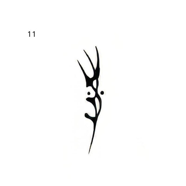 A slender black abstract tribal glyph combines curved pointed forms, cutouts and two round dots.
