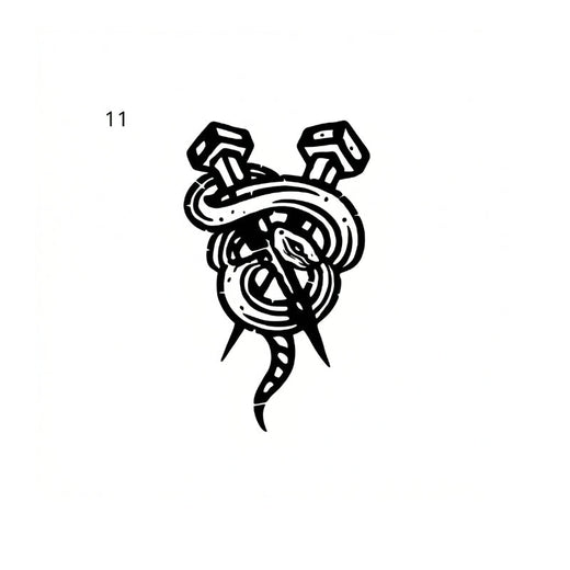 The artwork features snake coiled around nails and ring.