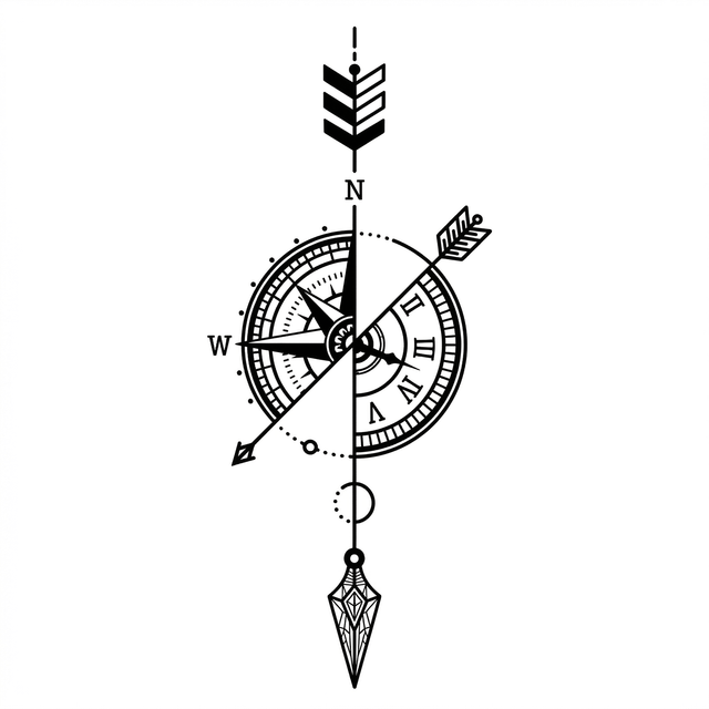The artwork features a compass arrow with diamond pendant.
