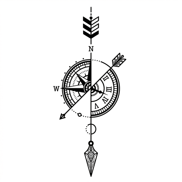 The artwork features a compass arrow with diamond pendant.