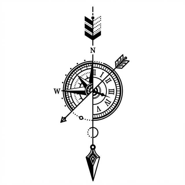 The artwork features a vertical compass arrow ornament.