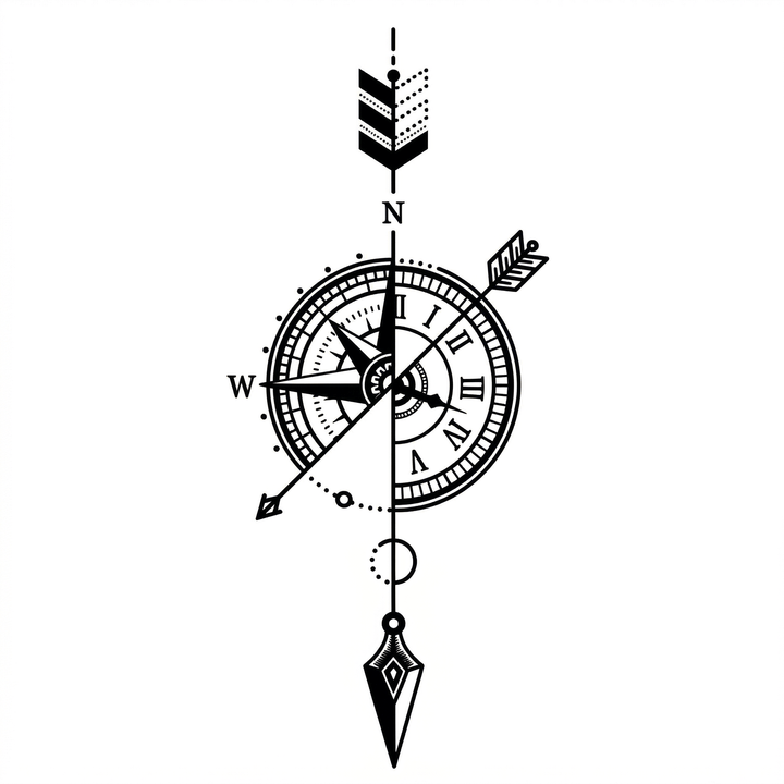 The artwork features a vertical compass arrow ornament.
