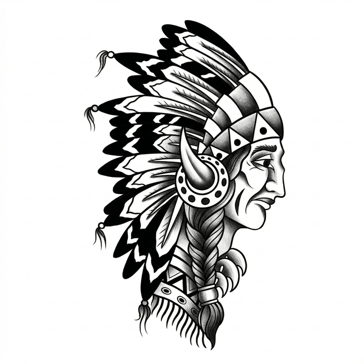 The artwork features a profile with feathered headdress.