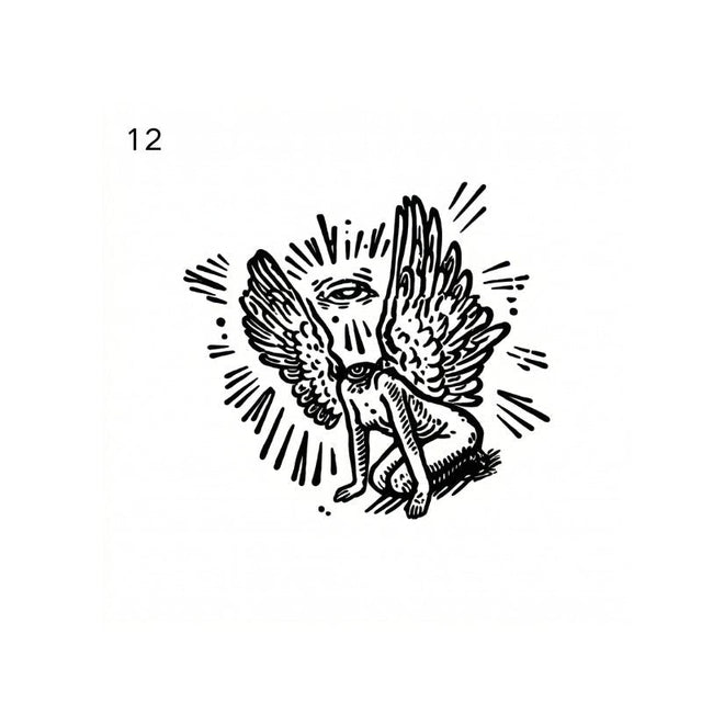 antique engraving temporary tattoo featuring winged praying figure