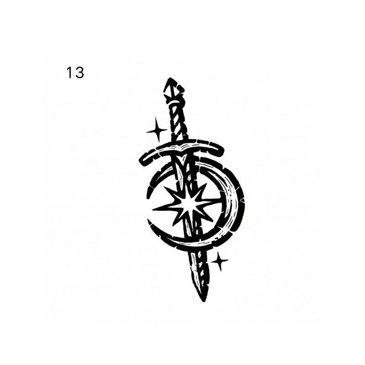 bold antique engraving temporary tattoo featuring dagger and crescent moon