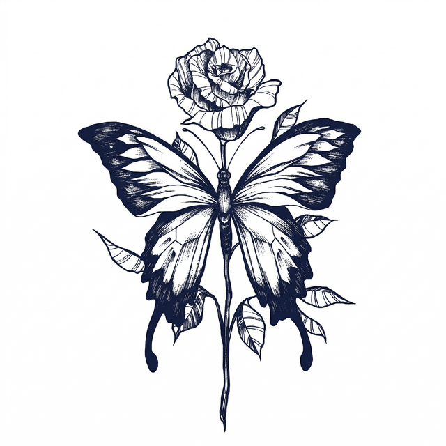The artwork features a butterfly and rose.