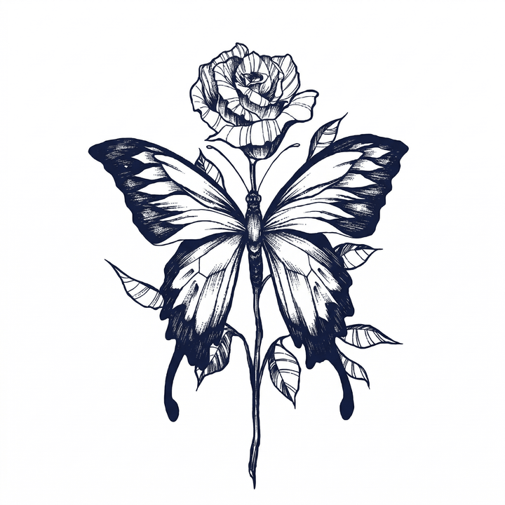 The artwork features a butterfly and rose.