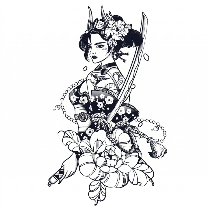 The artwork features a floral kimono woman with sword.