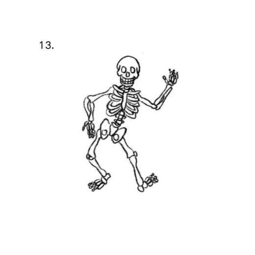 The artwork features a dancing skeleton sketch.