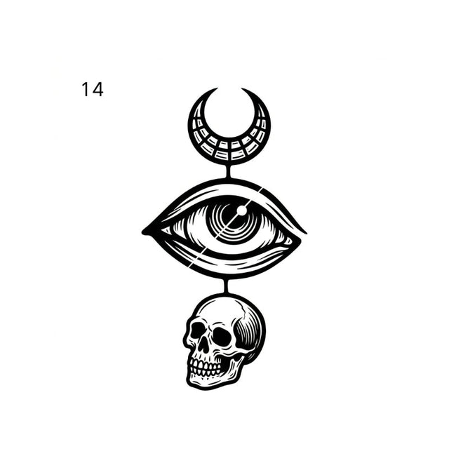 antique engraving temporary tattoo featuring eye, crescent moon and skull