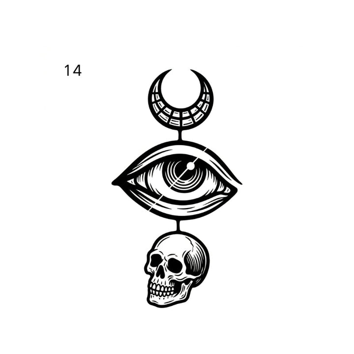 antique engraving temporary tattoo featuring eye, crescent moon and skull