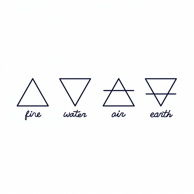 Four classical element symbols appear in a row, each labeled below in cursive: fire, water, air and earth.