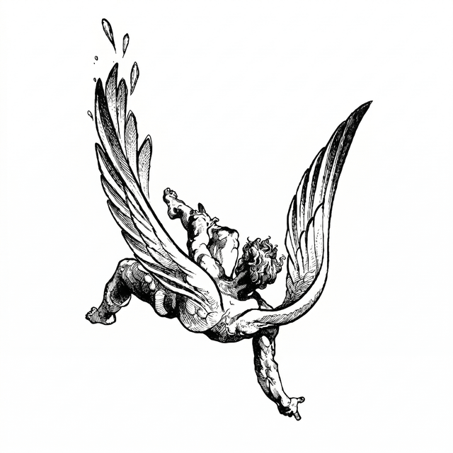 The artwork features a falling winged figure.
