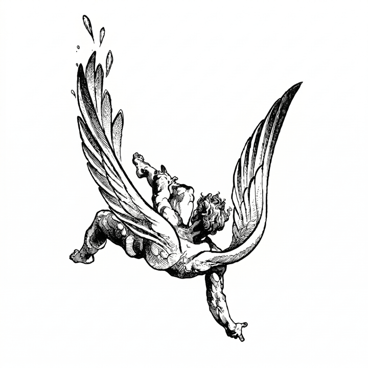 The artwork features a falling winged figure.