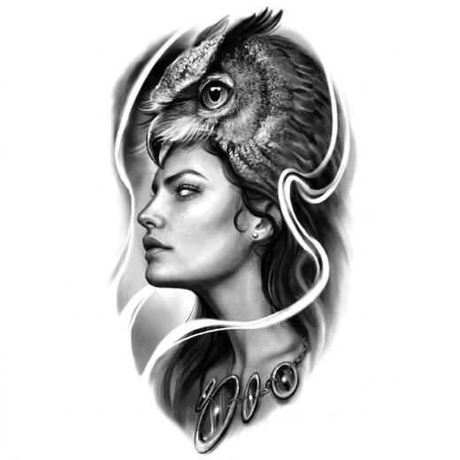 The artwork features a woman and owl fusion portrait.
