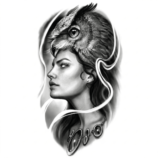 The artwork features a woman and owl fusion portrait.