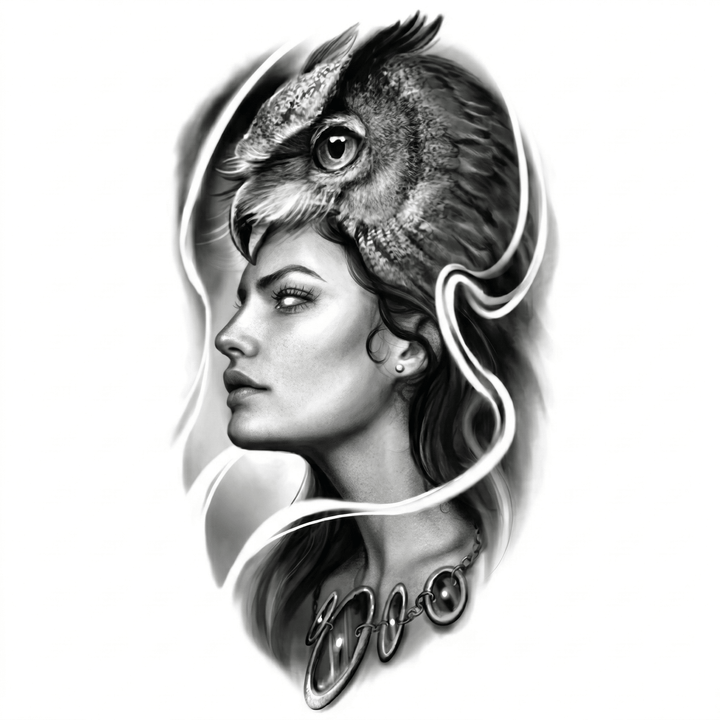 The artwork features a woman and owl fusion portrait.