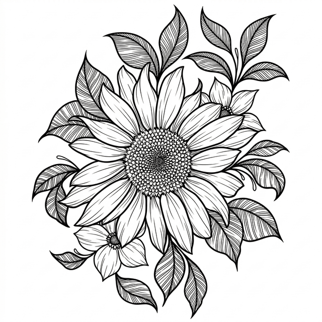 The artwork features a sunflower botanical cluster.