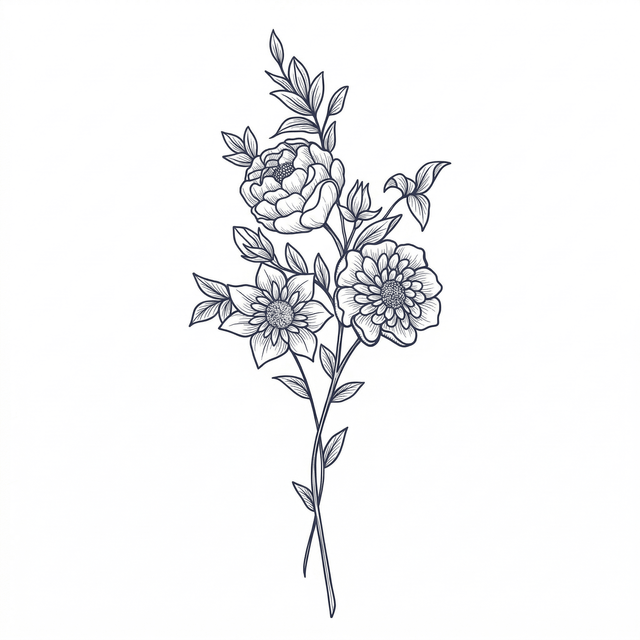 The artwork features a three-flower wildflower bouquet.