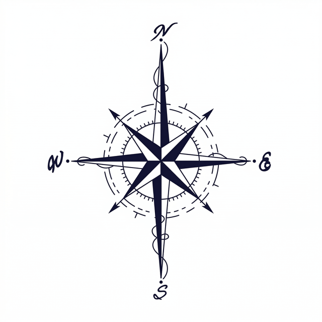 The artwork features a fine-line compass rose.