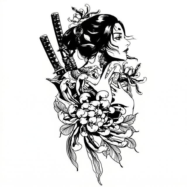 The artwork features floral warrior woman with swords.