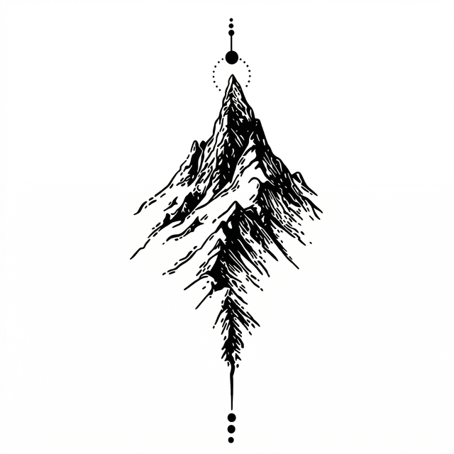 The artwork features a mirrored mountain and pine ornament.