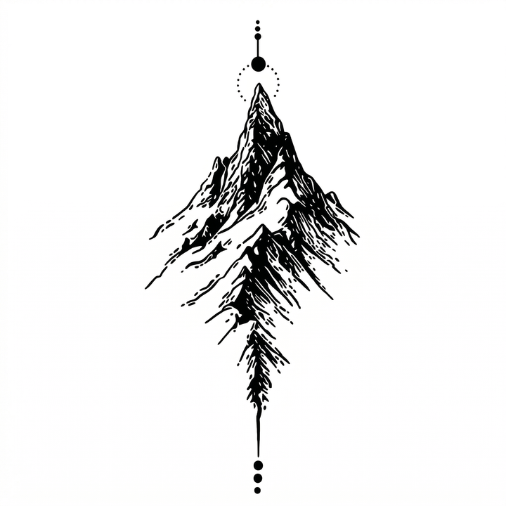 The artwork features a mirrored mountain and pine ornament.