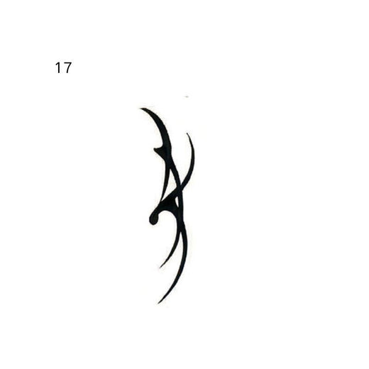 A vertical tribal-style sigil is formed from interlacing curved points with one hooked tip extending to the left at the center and no separate dots.