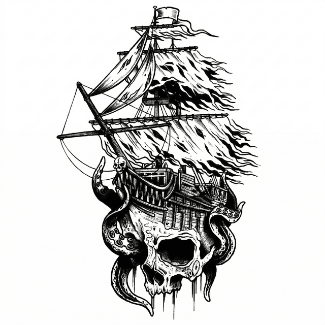 The artwork features pirate ship skull with tentacles.